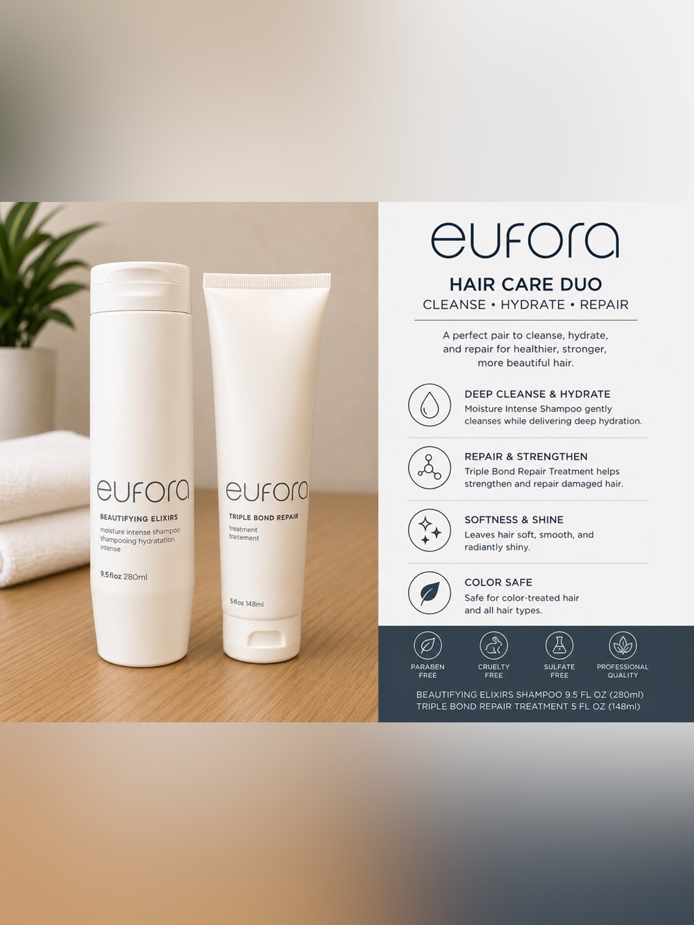 Eufora Beautifying Elixirs Shampoo & Triple Bond Repair Treatment Duo